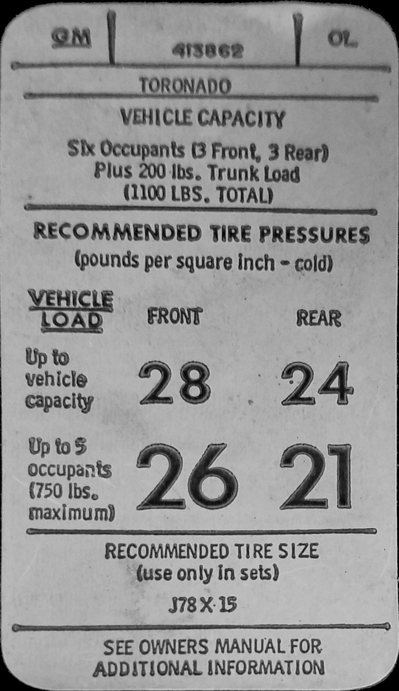 Historic Oldsmobile pressure placard in psi, not pressure advice for current vehicles