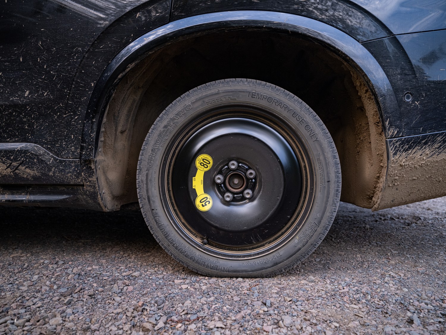 Temporary spare wheel fitted to a car